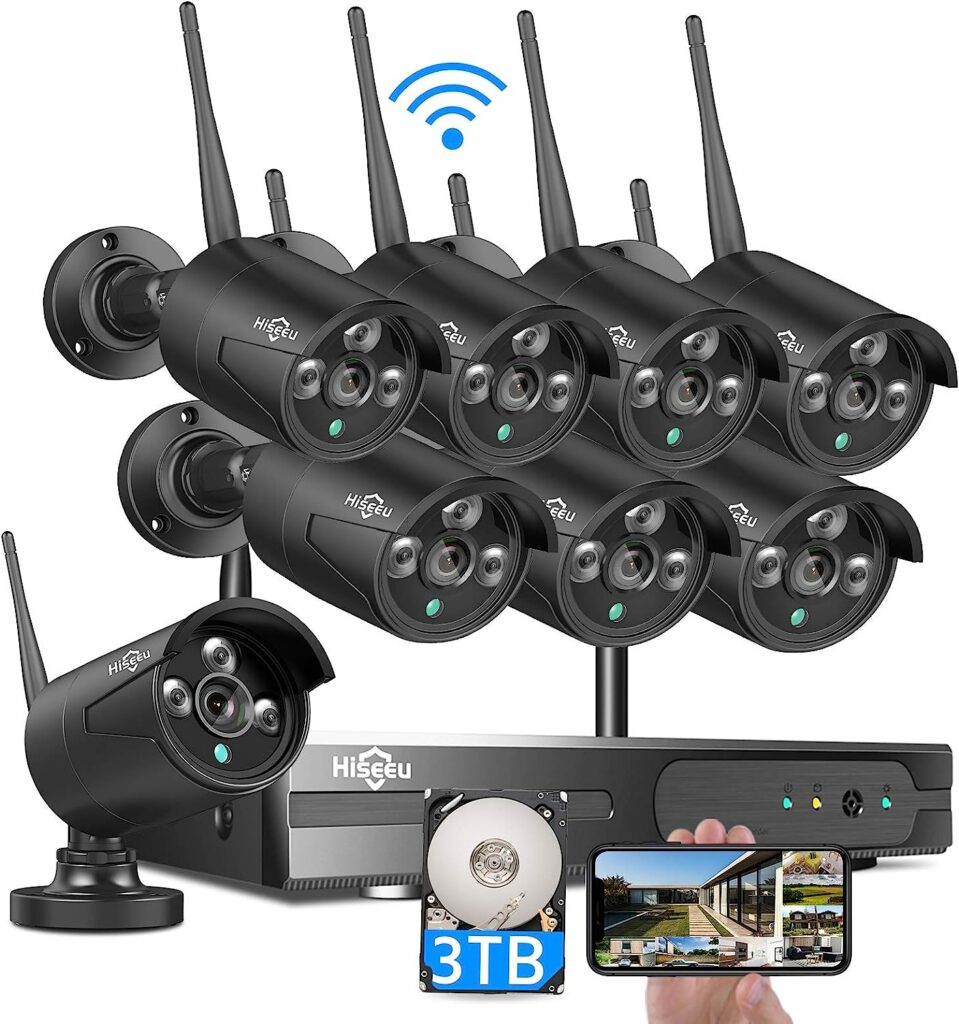 Hiseeu Black Wireless Security Camera System, 10CH 4K NVR 8Pcs Outdoor/Indoor WiFi Surveillance Camera 5MP with Night Vision, Waterproof, Motion, 1-Way Audio, Remote Access, 3TB HDD, DC12V Power Cord