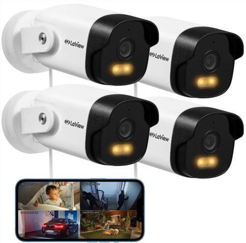 LaView Security Camera Outdoor with Color Night Vision,4MP Wired Cameras for Home Security,IP66 Waterproof Camera, 24/7 Live Video,2 Way Audio,Cloud Storage/SD Slot,Compatible with Alexa(4pcs)