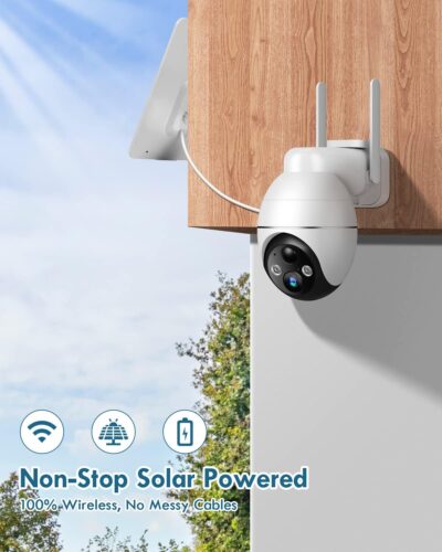 Recacam Solar Security Cameras Wireless Outdoor, 2K 355Â° PTZ Outdoor Camera Wireless, 2.4G Wi-Fi Cameras for Home Security with PIR, 2-Way Talk, IP65, 4dbi, Spotlight/Siren, Color Night Vision