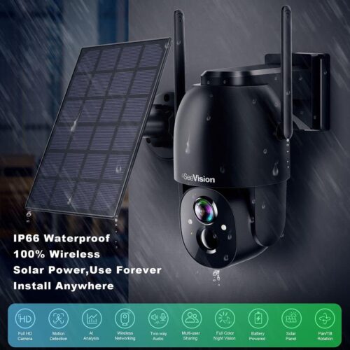 Solar Security Cameras Wireless Outdoor, SeeVision 2K Battery Powered PTZ WiFi 3MP Security Camera for Home with Spotlight, PIR Motion Detection,Siren, Color Night Vision, 2-Way Talk, SD/Cloud Storage