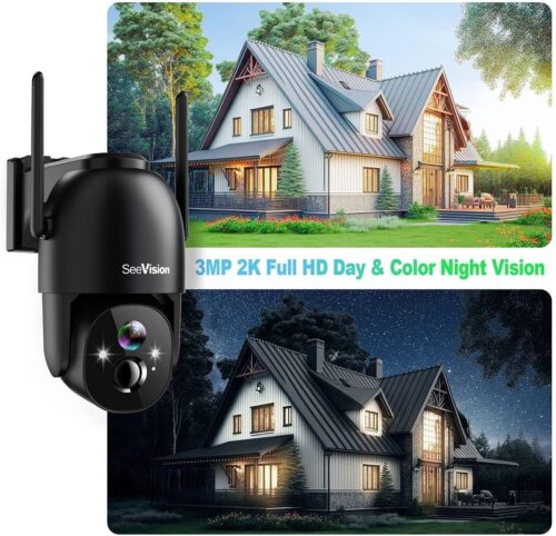 Solar Security Cameras Wireless Outdoor, SeeVision 2K Battery Powered PTZ WiFi 3MP Security Camera for Home with Spotlight, PIR Motion Detection,Siren, Color Night Vision, 2-Way Talk, SD/Cloud Storage