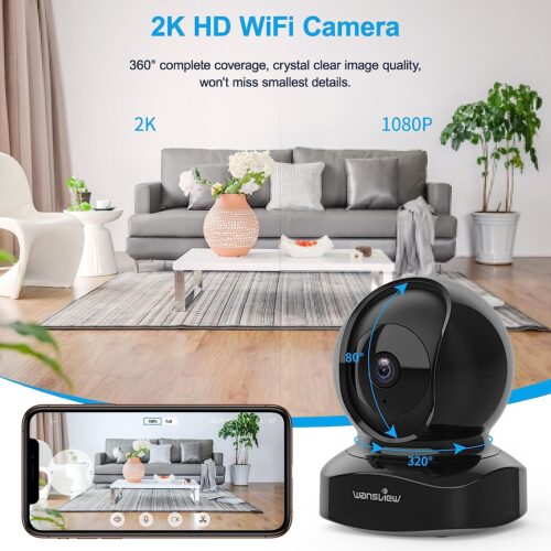 wansview Wireless Security Camera, IP Camera 2K, WiFi Home Indoor Camera for Baby/Pet/Nanny, 2 Way Audio Night Vision, Works with Alexa, with TF Card Slot and Cloud