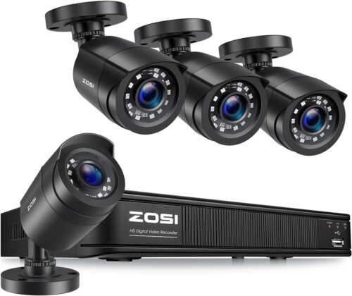 ZOSI H.265+1080p Home Security Camera System, 8 Channel 5MP Lite CCTV DVR with 4 x 1080p Surveillance Bullet Camera Outdoor Indoor with 80ft Night Vision, Remote Access, Motion Alerts (No HDD)